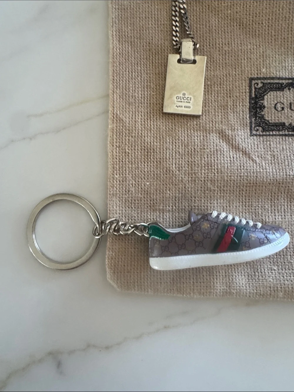 Gucci Silver-Tone  Pendant Necklace with Red-Green Stripe and keychain dust bag